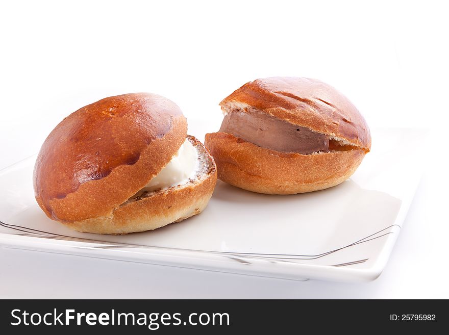 Tow Ice Cream Sandwich Isolated On White vanilla and chocolate in bread