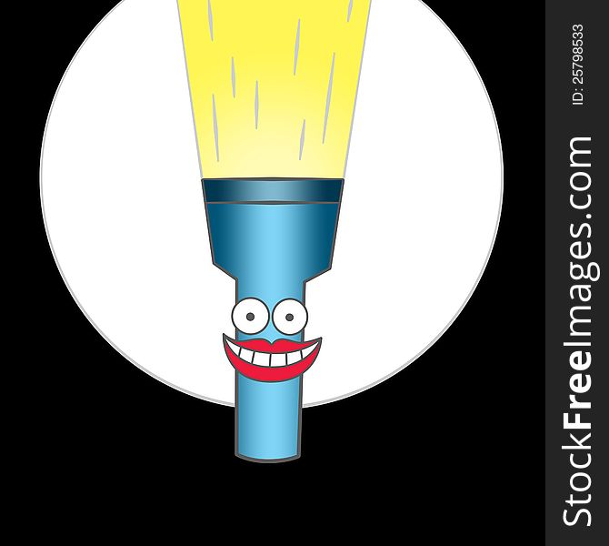 A cartoon flashlight with face in the dark. A cartoon flashlight with face in the dark