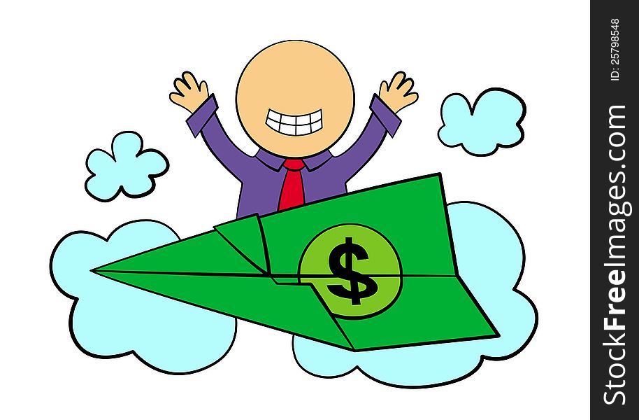 A cartoon business man riding a plane made up of a dollar bill. A cartoon business man riding a plane made up of a dollar bill