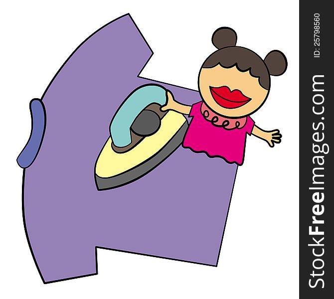 Illustration of a cartoon girl ironing a shirt