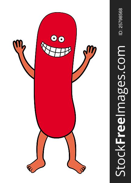 A cute illustration of a hotdog with arms, legs, and face. A cute illustration of a hotdog with arms, legs, and face