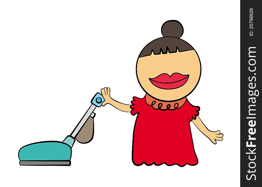 A cartoon female character with a vacuum cleaner. A cartoon female character with a vacuum cleaner