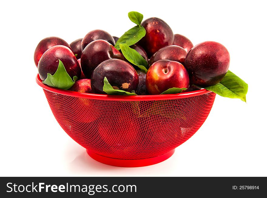 Sweet ripe plums organic in white background. Sweet ripe plums organic in white background
