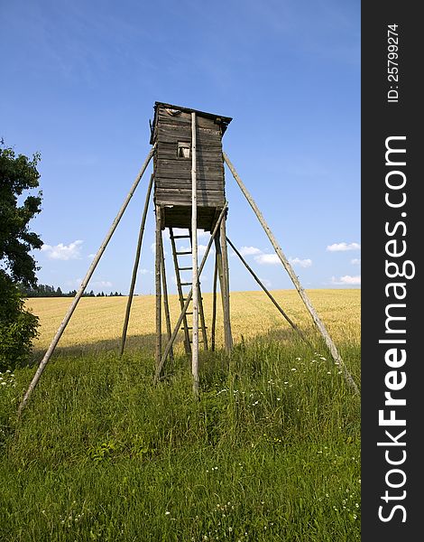 Wooden shelter for hunters on the green between.