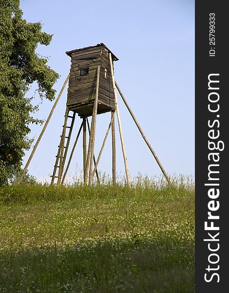 Wooden shelter for hunters on the green between.