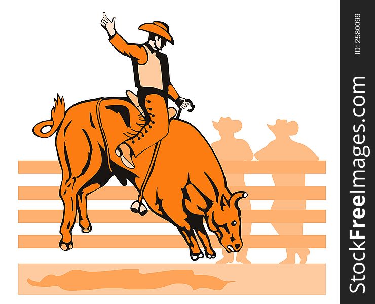 Vector art of a cowboy riding a bucking bull