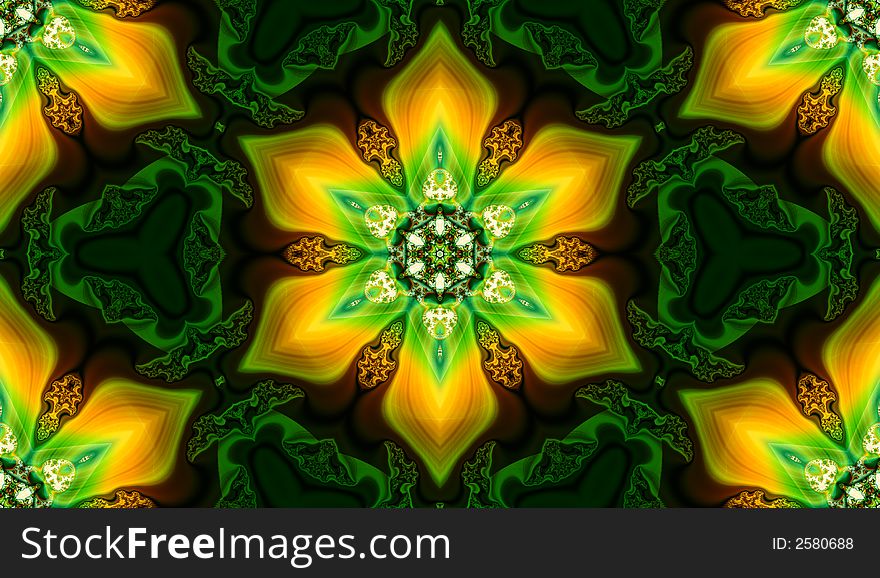 A graphic / fractal design with a kaleidoscope effect, beautiful patterns and a bright yellow flower. A graphic / fractal design with a kaleidoscope effect, beautiful patterns and a bright yellow flower.