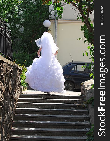The bride escaping afar on a ladder