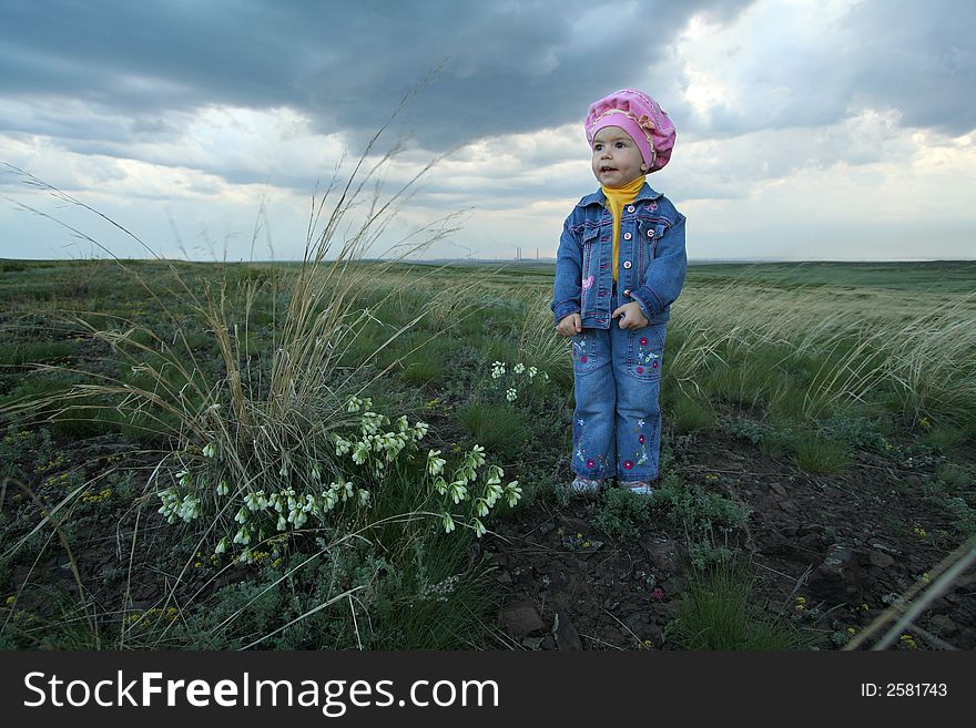 The little girl and field flowers. The little girl and field flowers