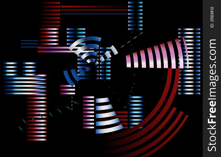 A brightly-colored abstract image with bars and circular shapes on a black backdrop. A brightly-colored abstract image with bars and circular shapes on a black backdrop.