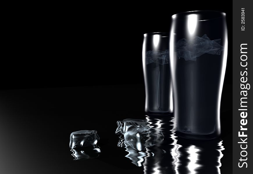 Two Glasses Of Water with ice cubes over black background