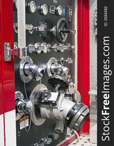 The many instruments and guages needed to operate a modern day fire fighting vehicle or fire truck.