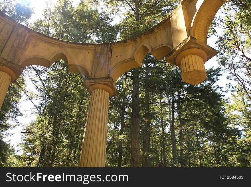 Architectural piece in the forest that remains unfinished. Surrounded by forest