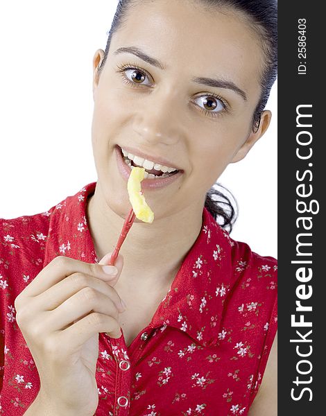 Smiling girl in red  eating potato. Smiling girl in red  eating potato