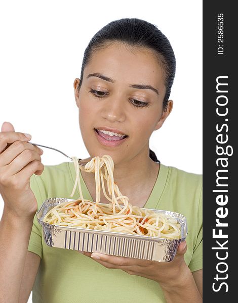 Smiling girl holding plate with spaghetti. Smiling girl holding plate with spaghetti