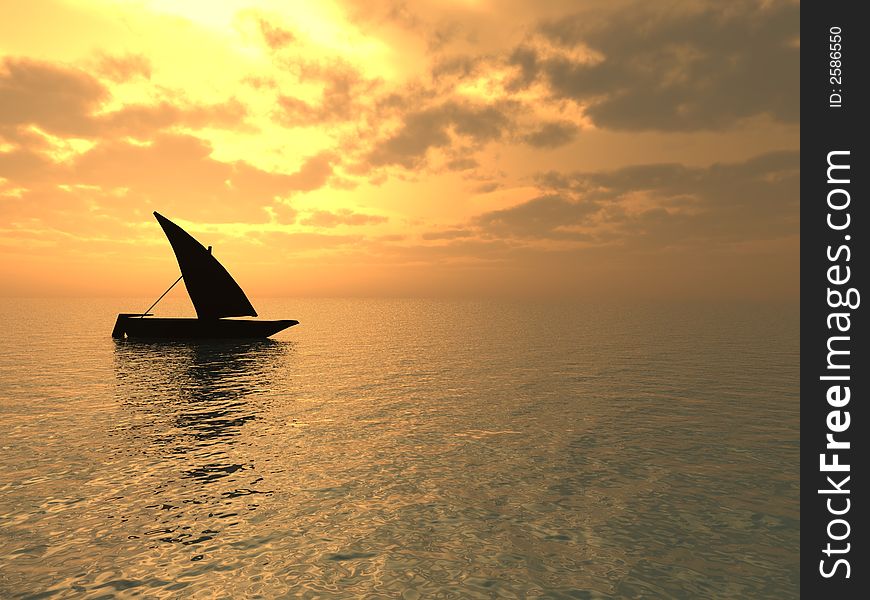 Small boat and  sunset  sky - 3d landscape scene .