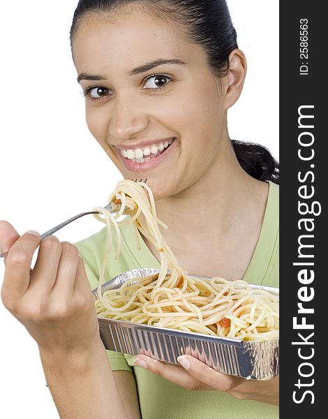 Smiling girl holding plate with spaghetti. Smiling girl holding plate with spaghetti