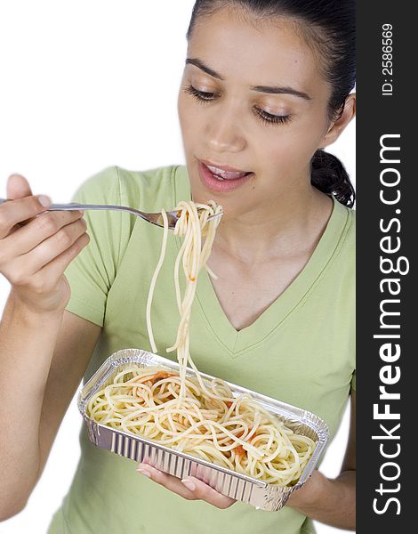 Smiling girl holding plate with spaghetti. Smiling girl holding plate with spaghetti