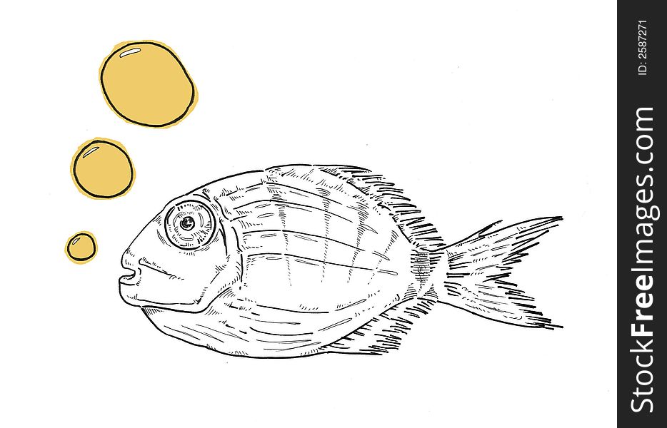 An ink illustration of fish with yellow bubbles. An ink illustration of fish with yellow bubbles.