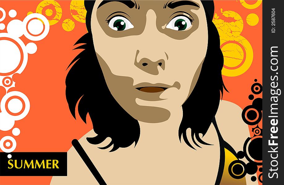 Vector portrait of scared girl on an orange background