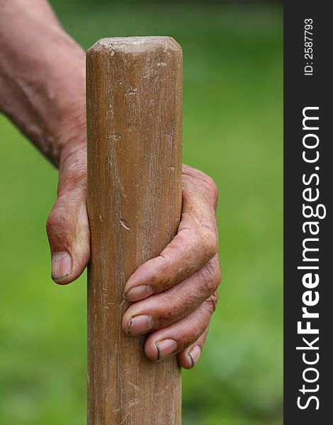 Old workerÂ´s hand on wooden handle. Old workerÂ´s hand on wooden handle