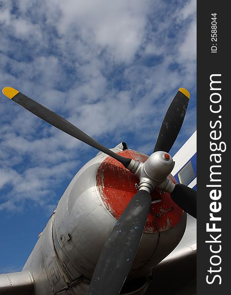 Propeller of the plane on blue sky. Propeller of the plane on blue sky