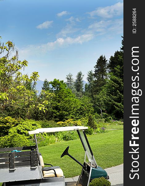 Shot of golf cart over blue sky in vancouver vandusen garden