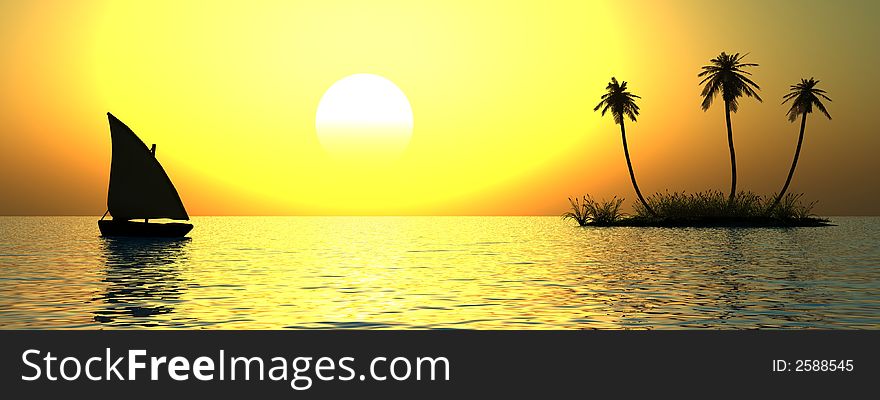 Sunset coconut palm trees on island  and small boat - 3d illustration. Sunset coconut palm trees on island  and small boat - 3d illustration.