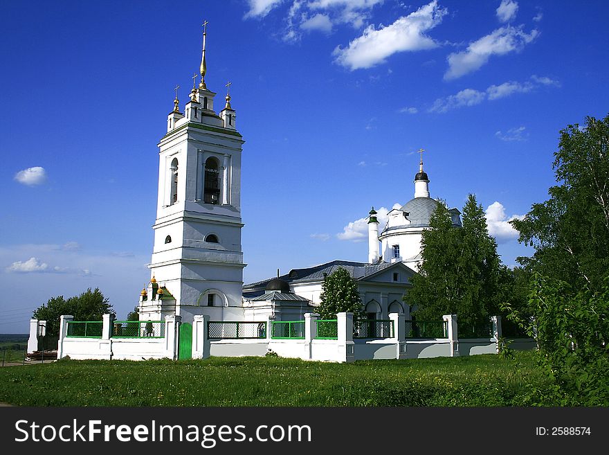 Belltower and church in village Konstantinovo where has been born and has grown Russian poet Sergey Yesenin. Belltower and church in village Konstantinovo where has been born and has grown Russian poet Sergey Yesenin
