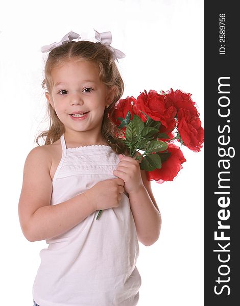 Girl holding roses with white bows. Girl holding roses with white bows