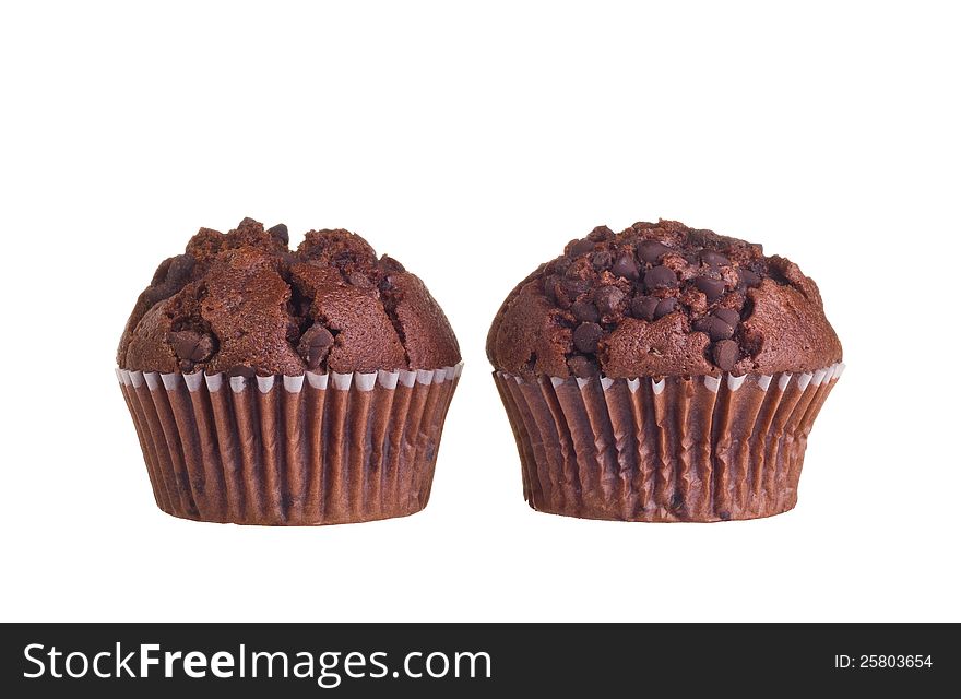 Chocolate muffin isolated on white background.