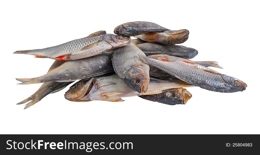 Dried salty fishes, snack to beer, isolated on white background