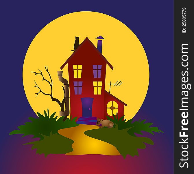 The abstract house near the yellow moon ,illustration. The abstract house near the yellow moon ,illustration