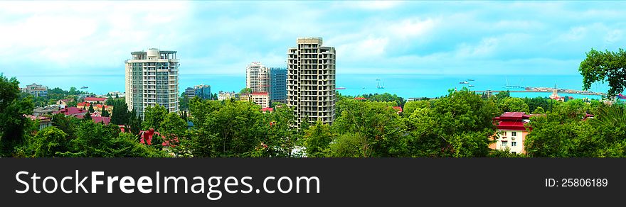 Panorama of Sochi. New buildings in Black Sea. Sochi, a sea view. June 2012.