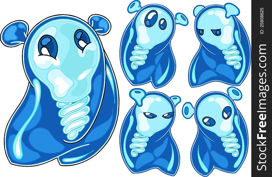 The illustration shows cute blue lamp-head alien in different emotion poses. The illustration done in cartoon style. Details of the character shown in separate layers.