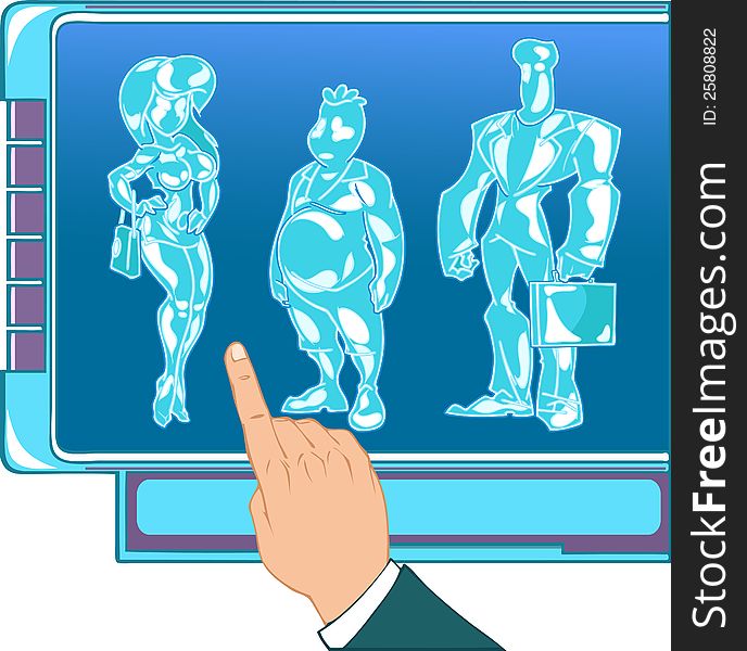 The illustration shows three human types manekens: pretty young girl, fatboy and buisnesman. The illustration done in cartoon style, on separate layers.