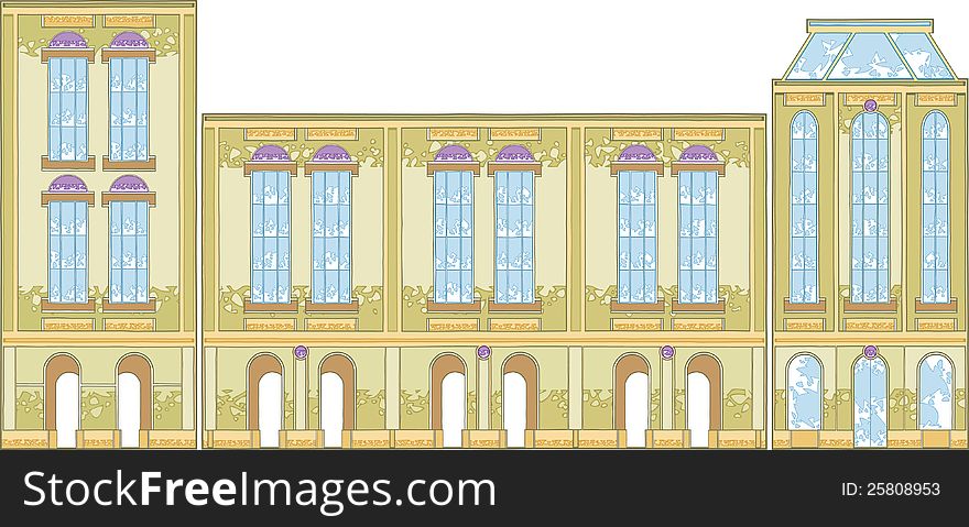 The illustration shows long building with , columns, arcs and high windows. The illustration done in comic book style. The illustration shows long building with , columns, arcs and high windows. The illustration done in comic book style.