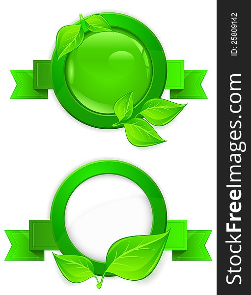 Green circle icon with fresh leaves and ribbon on white, vector illustration