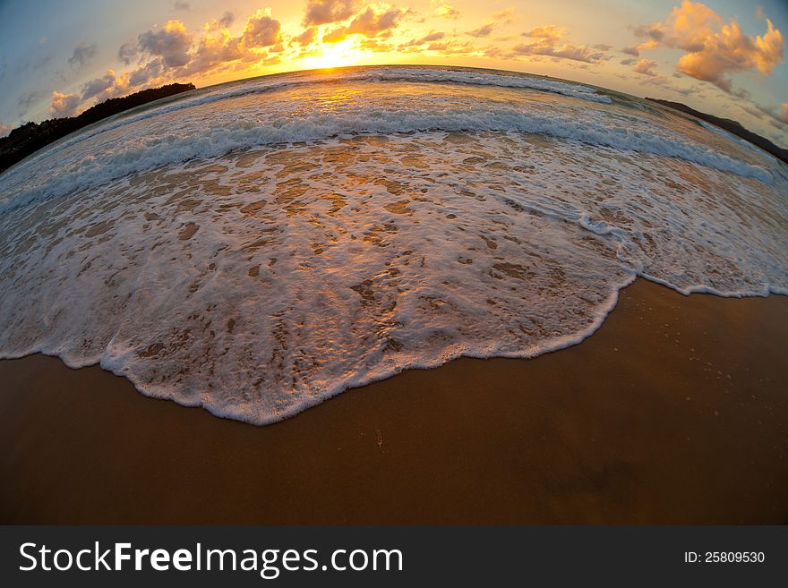 Sea beach sunset by fisheye lens