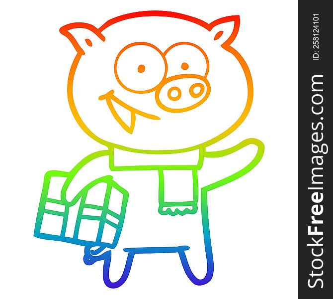Rainbow Gradient Line Drawing Cheerful Pig With Christmas Gift