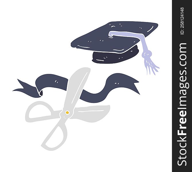 flat color illustration of a cartoon scissors cutting ribbon at graduation