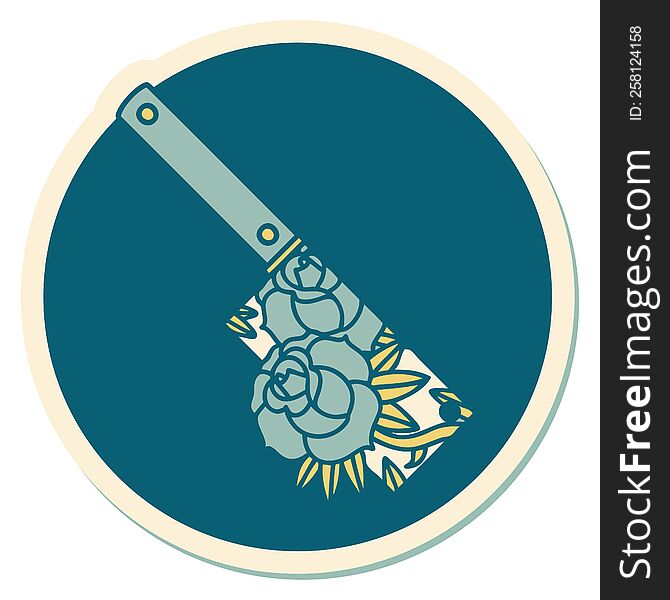 sticker of tattoo in traditional style of a cleaver and flowers. sticker of tattoo in traditional style of a cleaver and flowers