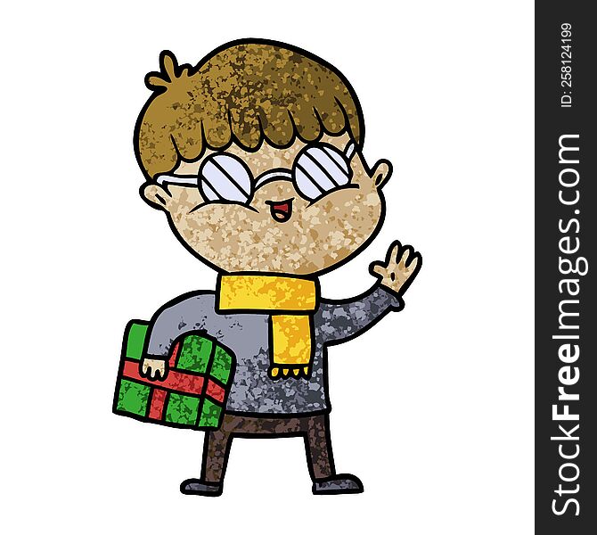 cartoon boy wearing spectacles carrying gift. cartoon boy wearing spectacles carrying gift