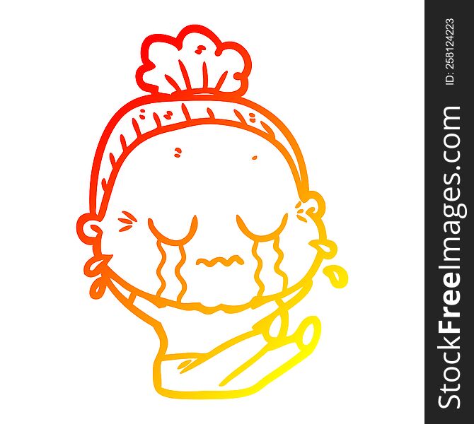 warm gradient line drawing of a cartoon crying old lady