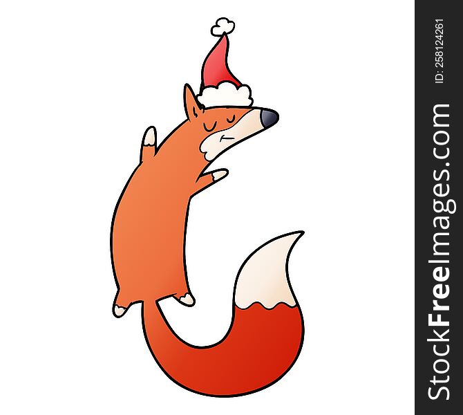 hand drawn gradient cartoon of a jumping fox wearing santa hat