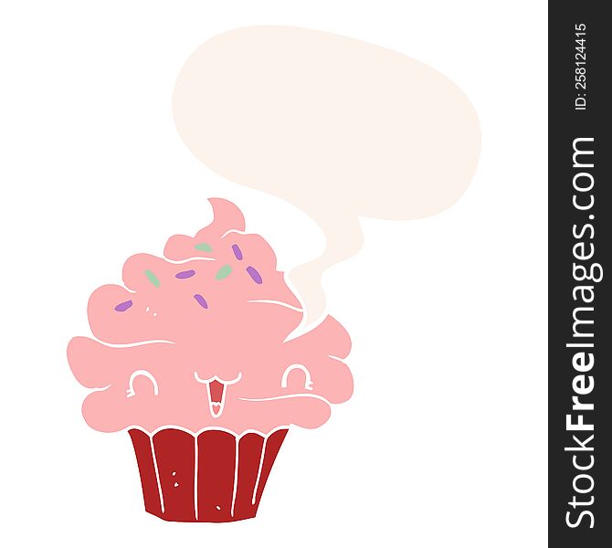 cute cartoon frosted cupcake with speech bubble in retro style