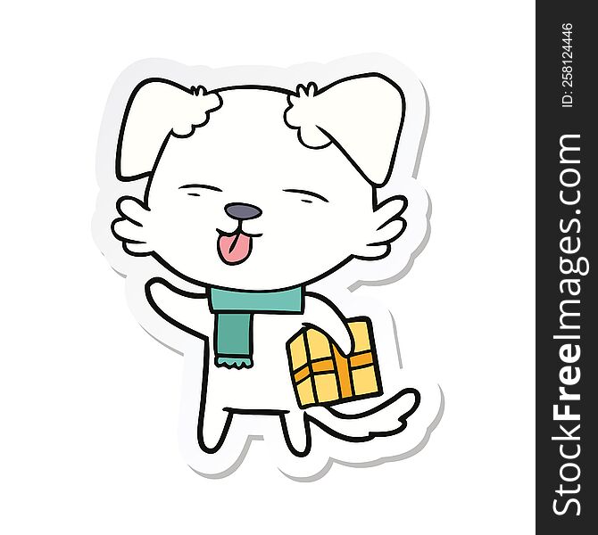 sticker of a cartoon dog with xmas gift