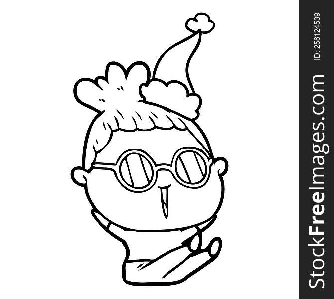 line drawing of a woman wearing spectacles wearing santa hat