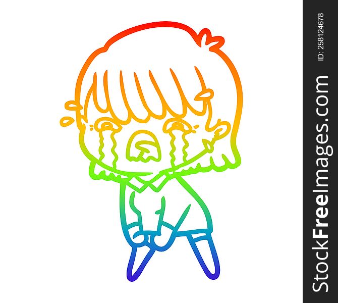 rainbow gradient line drawing of a cartoon girl crying