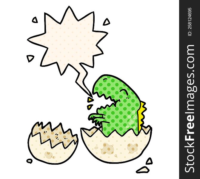 cartoon dinosaur hatching from egg with speech bubble in comic book style